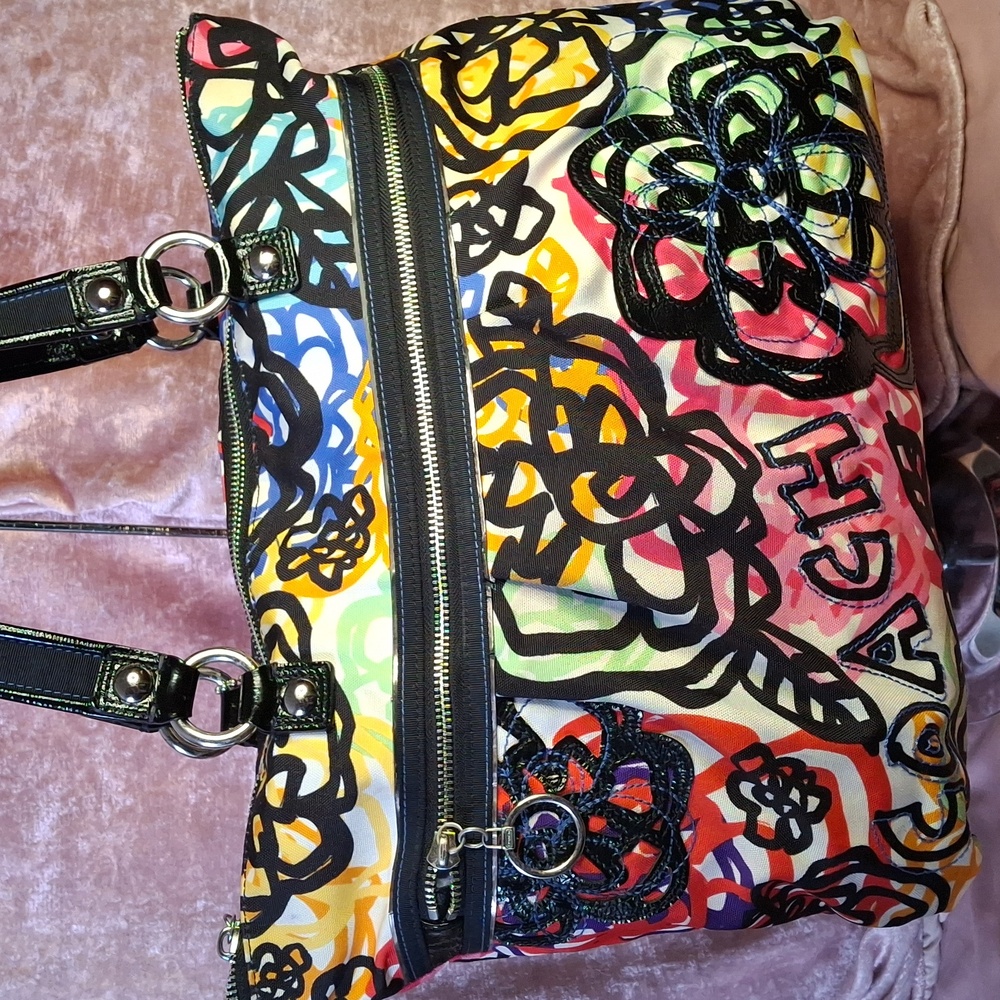Coach Multicolor Floral Tote with Black Trim - Picture 4 of 12